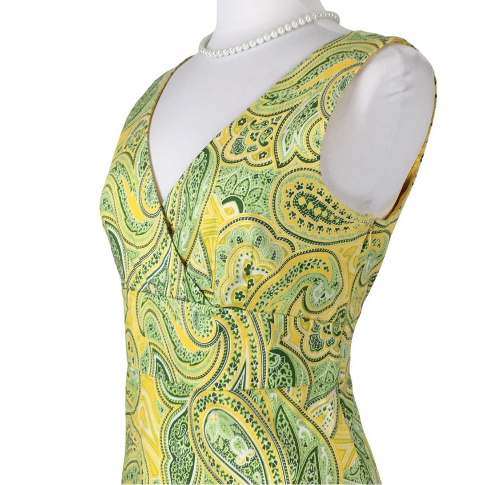 Spense Paisley Yellow and Green Cotton Surplice V-Neck Sleeveless Midi Dress 12 - Picture 4 of 16